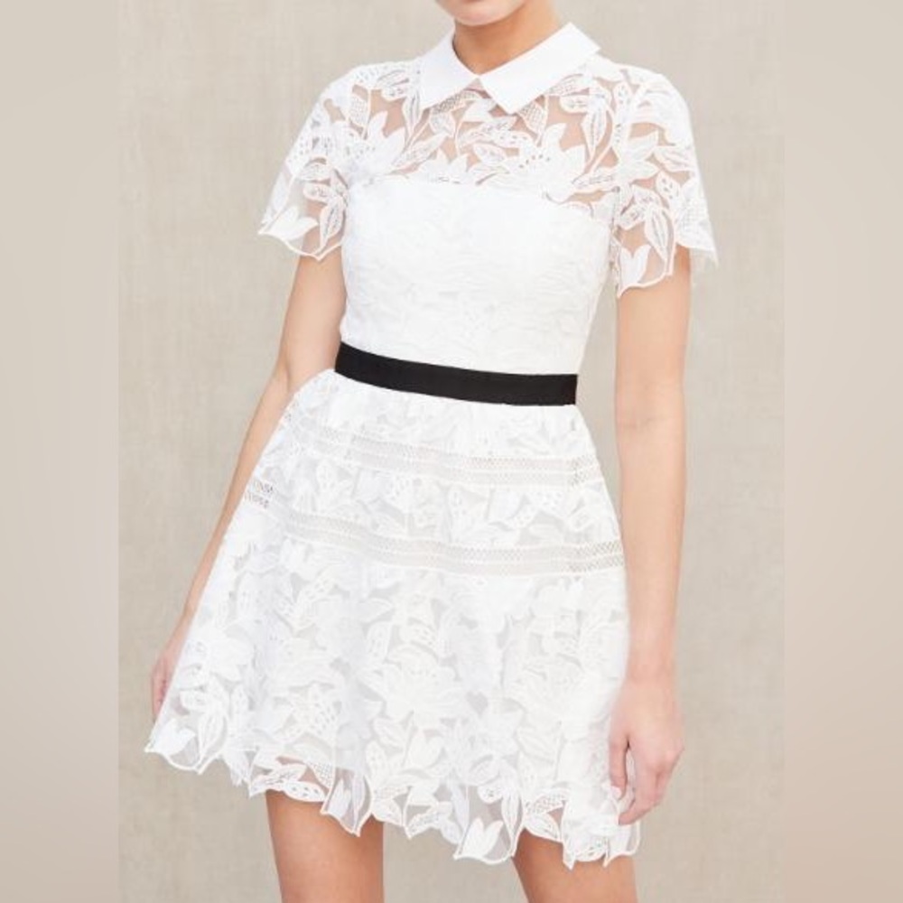 SELF PORTRAIT Grosgrain-trimmed guipure lace mini dress US 6 / UK 10 NWT (sz 4)